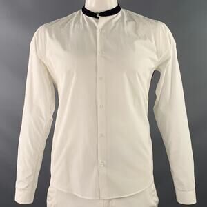 SANDRO Size L White Black Cotton Collarless Contrast Trim Long Sleeve Shirt